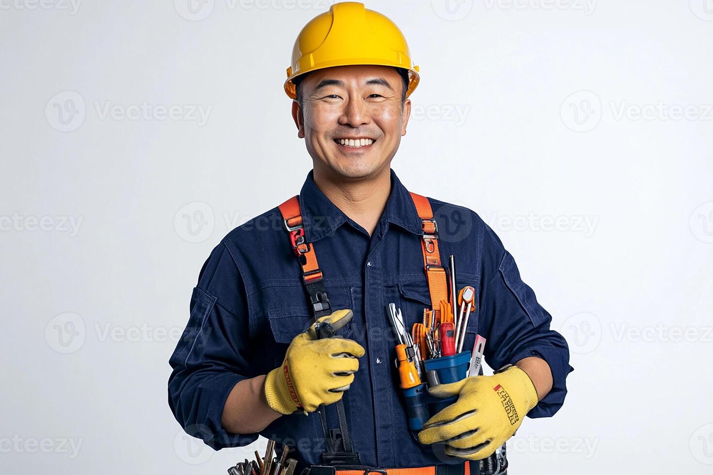 Asian male electrician holding tools photo