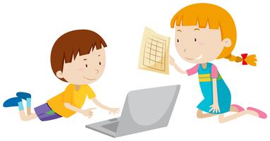 Boy and girl working on computer vector