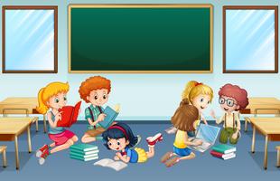 Many children reading and working in group at school vector