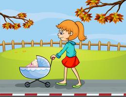 A girl pushing a stroller with a sleeping baby vector