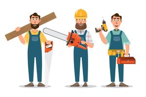 Carpenter, repairman with saw and tools. professionals teamwork. vector