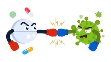 Cartoon pill fighting with virus vector