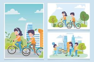 Set of cards with people riding bikes and electric scooters  vector