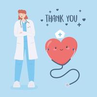 thank you doctors and nurses, female physician with stethoscope and heart cartoon vector