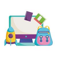 back to school, backpack rocket computer and books elementary education cartoon vector