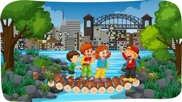 River park outdoor scene with many children vector