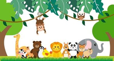 Vector Cute Jungle Animals in Cartoon Style, Wild Animal, Zoo Designs for Background, Baby Clothes. Hand Drawn Characters