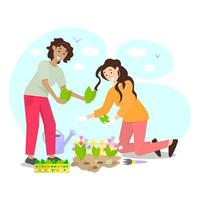 Happy gardening with two smiling girls planting seedlings of flowers vector