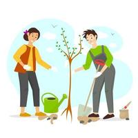 Gardening vector concept illustration with Man and women planting a tree