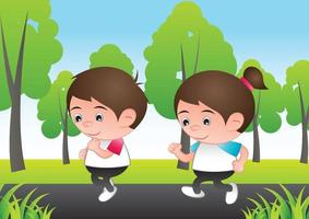 bubble head boy and girl cartoon jogging in park vector