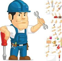 Cartoon Strong Technician Electrician Handyman Mascot Vector Drawing