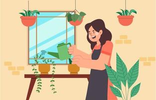 Female Character Watering the Plants in Cozy Home Garden vector