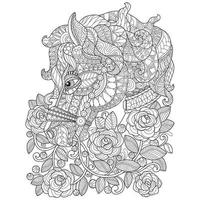 Horse in the rose garden Hand drawn sketch for adult colouring book vector