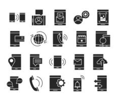 mobile phone or smartphone electronic technology device silhouette style icons set vector