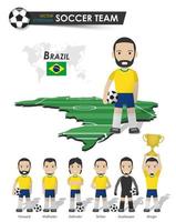 Brazil national soccer cup team . Football player with sports jersey stand on perspective field country map and world map . Set of footballer positions . Cartoon character flat design . Vector .