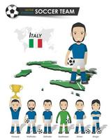 Italy national soccer cup team . Football player with sports jersey stand on perspective field country map and world map . Set of footballer positions . Cartoon character flat design vector