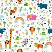 Seamless childish pattern with cartoon jungle animals vector