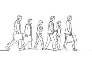 One continuous line drawing of group urban male and female commuters walking every day on city road go to the office. Urban commuter workers concept single line draw design vector illustration