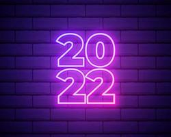 2022 neon signboard. Happy New Year. Realistic pink neon numbers on dark brick wall. Vector 2022 in neon linear style.