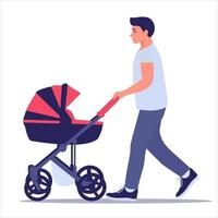 Happy parenthood. Young dad walks with a baby stroller. Concept for Father's Day. Vector illustration in a flat style.