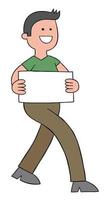 Cartoon happy man walking and holding blank sign, vector illustration