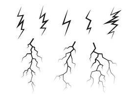 Lightning, electrostatic discharge during thunder bolt, different black line. Collection of natural phenomena of lightning or thunder. Vector illustration