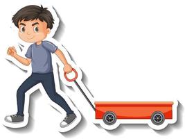 Boy pulling wagon cartoon character sticker vector