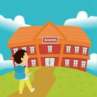 happy boy going to school illustration. school building background vector