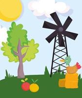 farm animals duck in hay fruits windmill tree grass cartoon vector