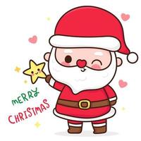 Cute santa claus with Christmas star cartoon Xmas vector Kawaii character