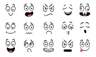 Cartoon faces. Expressive eyes and mouth, smiling, crying and surprised character face expressions. Caricature comic emotions or emoticon doodle. Isolated vector illustration icons set