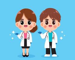 Young male doctor and young female doctor holding present empty space healthcare and medical concept drawn cartoon art illustration vector