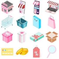 Flat 3d isometric trendy style online store shopping web mobile app infographics icon set. Cart bag credit card laptop wallet label sale search money gift box coin safe. Website application collection vector