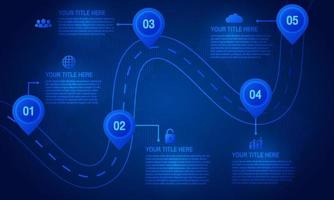 timeline digital concept with blue background. road map to success with pin pointers.road map timeline infographic.Timeline infographic 5 milestone like a road. vector