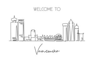 Single continuous line drawing city Vancouver skyline, Canada. Famous city scraper landscape postcard. World travel destination concept. Editable stroke modern one line draw design vector illustration