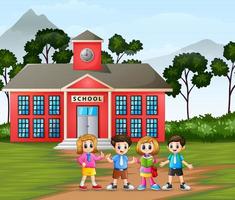 Happy little kid on school building background vector