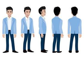 Cartoon character with business man in a blue suit for animation. Front, side, back, 3-4 view animated character. Flat vector illustration.