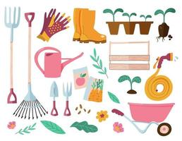 Set of gardening tools and garden equipment. Vector illustration of items for gardening.