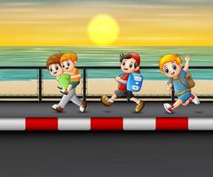 Happy children running on the road near the sea vector