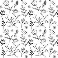 Simple black and white pattern with flowers and twigs and leaf in a doodle style. Vector illustration background for design.