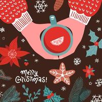 Hands holding cup with Mulled wine top view vector illustration. Christmas hot drink creative flat lay. Xmas elements flatlay. Greetong cars with lettering quote. Red punch in mug.