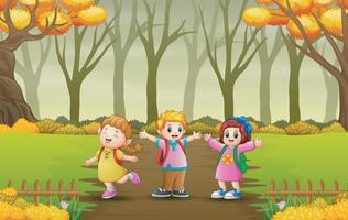 Happy kids walking in the forest path illustration vector