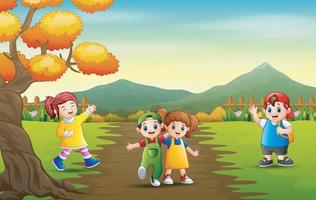 Cartoon kids playing in the park landscape vector