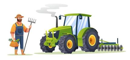 Farmer holding organic vegetables and fork hoe beside tractor in cartoon style. Harvest farmer illustration vector