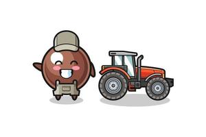 the tapioca pearl farmer mascot standing beside a tractor vector