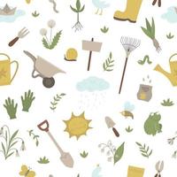 Vector seamless pattern with garden things, tools, flowers, herbs, plants. Repeat background with gardening equipment. Flat spring texture.