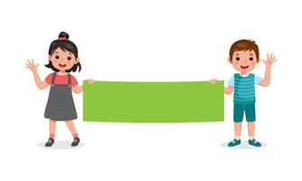 Cute little boy and girl holding long empty banner waving hands. Children holding blank sheet of papers or posters with empty space templates for text, banners and ads vector