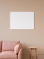 Modern and minimalist horizontal white poster or photo frame mockup on the wall in the living room. 3d rendering.