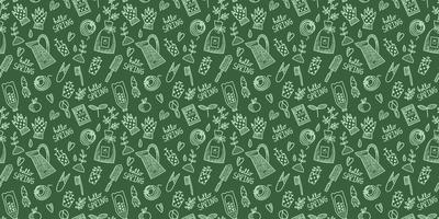 Vector seamless pattern. Spring summer gardening collection in doodle hand drawn style. Surface design. Equipment for Growing plants watering can, boots, seeds, gloves, vegetables, seedlings.