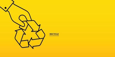 Hand holding recycle symbol thin line design on yellow background, Save the planet and energy concept vector